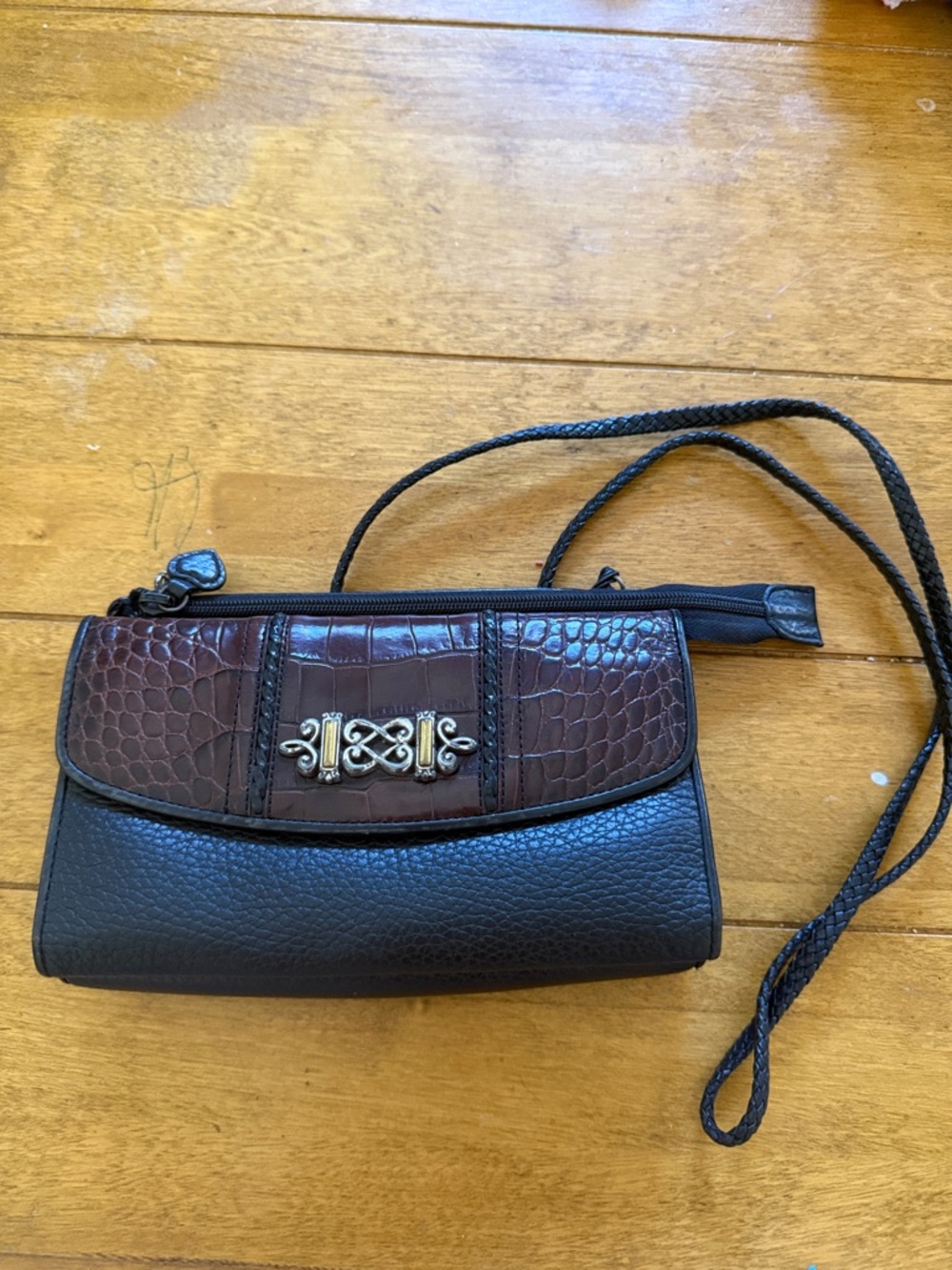 Women's Black and Brown Crossbody Clutch with Decorative Accent